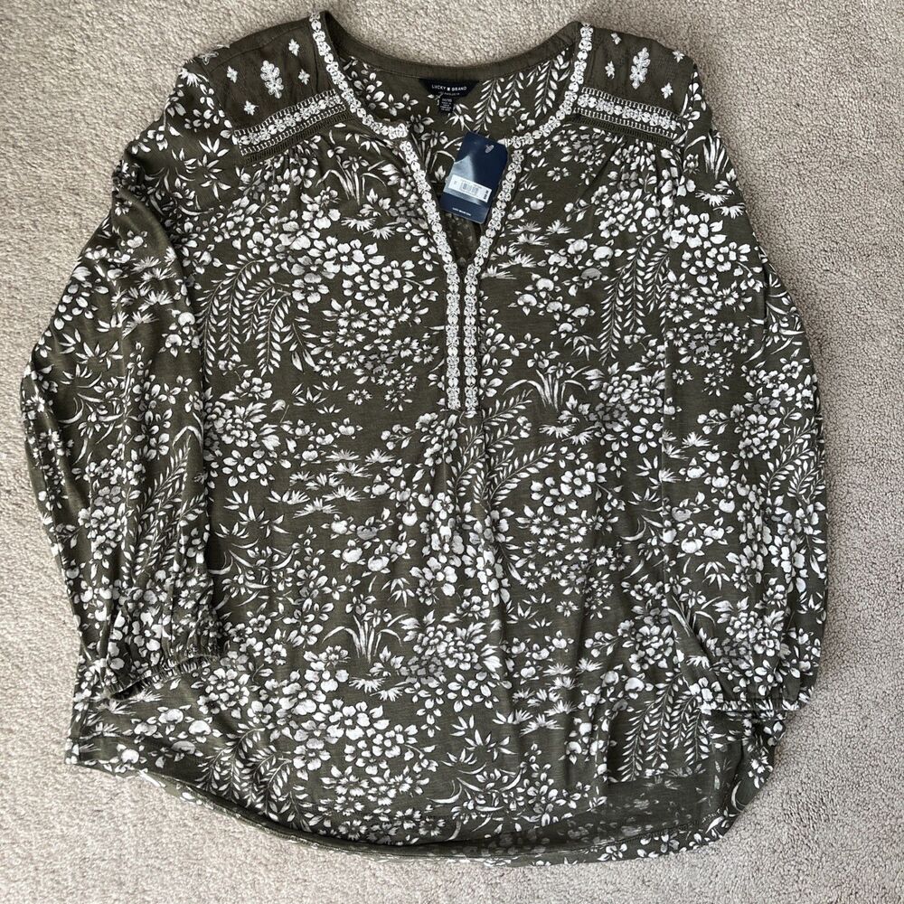 Lucky Brand Top Women 1X Olive Green Floral Embroidered Peasant Boho Cottagecore